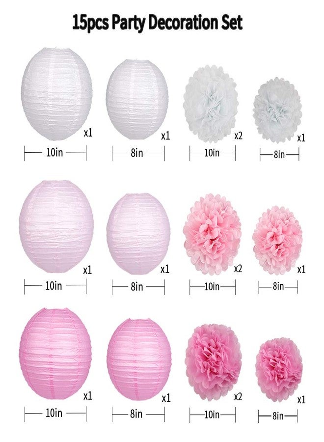 Zilue 15Pcs Party Pack Paper Lanterns and Pom Pom Balls Hanging Decoration for Wedding Birthday Baby Shower-Pink/White - Image 2