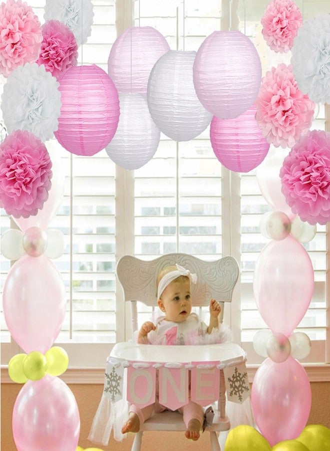 Zilue 15Pcs Party Pack Paper Lanterns and Pom Pom Balls Hanging Decoration for Wedding Birthday Baby Shower-Pink/White - Image 4