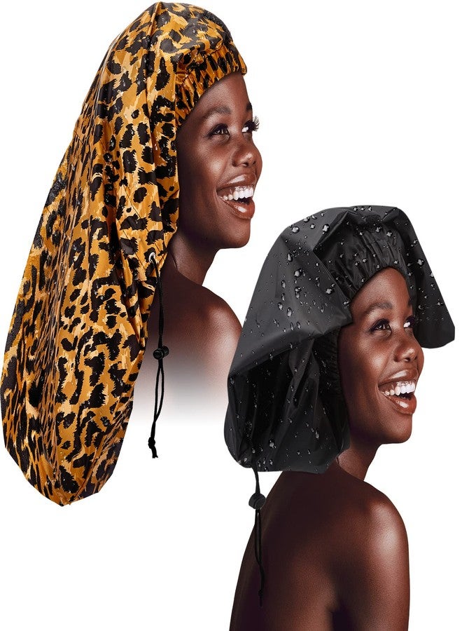 SATINIOR 2 Pcs Braid Shower Cap Jumbo Waterproof Shower Caps for Long Hair, Extra Large Adjustable Foldable Bath Caps with Drying Loop, Plastic Hair Bonnets for Women Men Dreadlocks (Black, Leopard) - Image 1