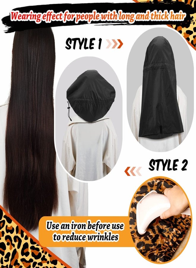 SATINIOR 2 Pcs Braid Shower Cap Jumbo Waterproof Shower Caps for Long Hair, Extra Large Adjustable Foldable Bath Caps with Drying Loop, Plastic Hair Bonnets for Women Men Dreadlocks (Black, Leopard) - Image 3