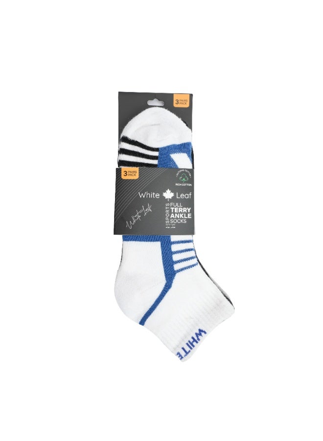 White Leaf 3 Pairs Ankle Socks Soft Cotton Terry Cushioned Moisture-Wicking Antibacterial Free Size - Black, Gray and White - Image 5