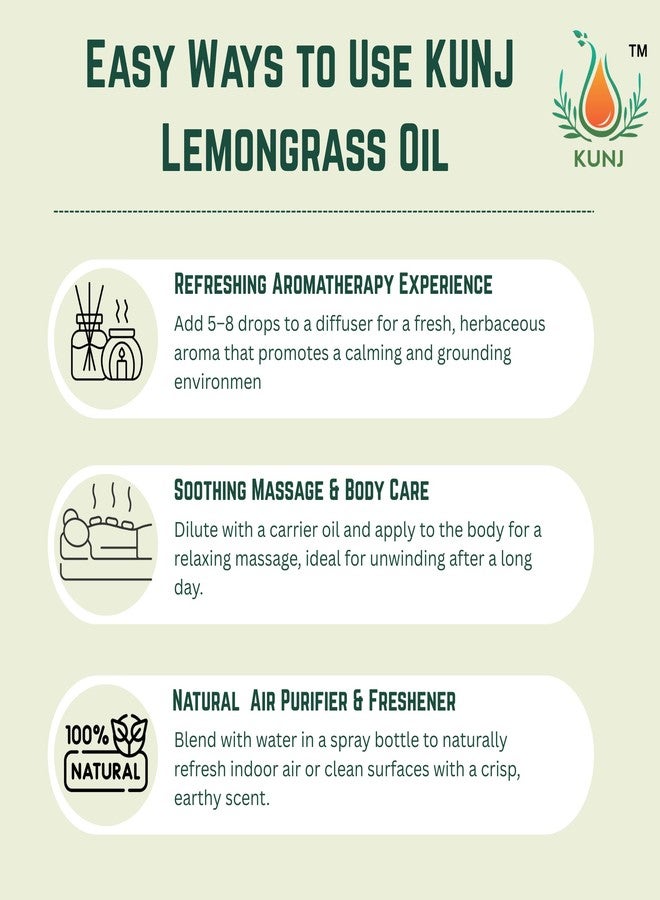 KUNJ Lemongrass Essential Oil (Cymbopogon citratus) 30ML - 100% Pure & Natural, Undiluted, Steam Distilled - Therapeutic Grade Oil for Aromatherapy, Skin Care, Hair Care & Diffuser - Image 3