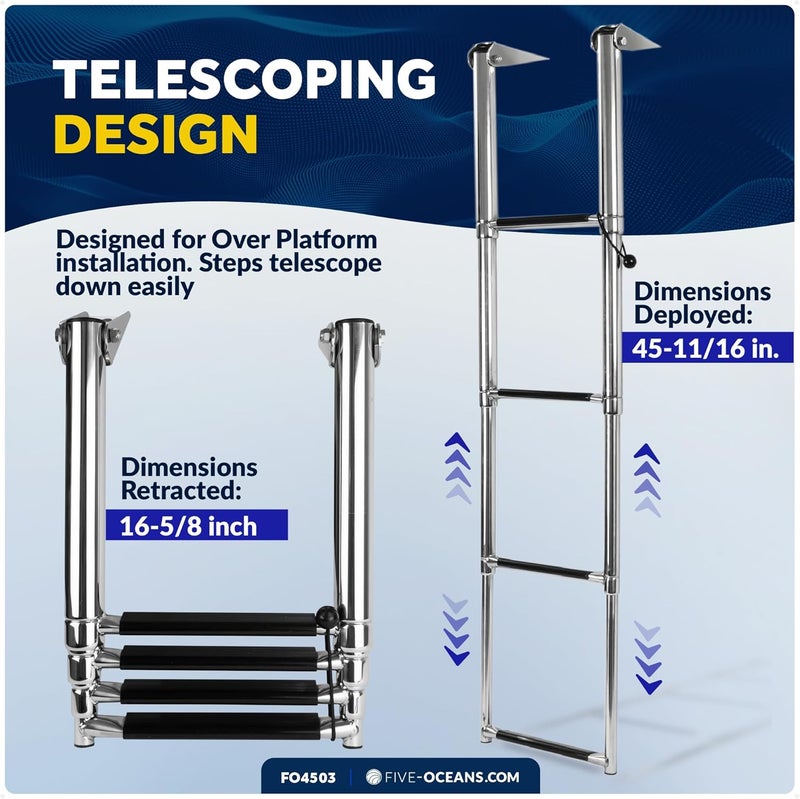 Five Oceans 4 Step Telescoping Boat Ladder - Over Platform, Stainless Steel for Pontoon, Fishing, Bass, Sport, Sailboat - FO4503 - Image 4