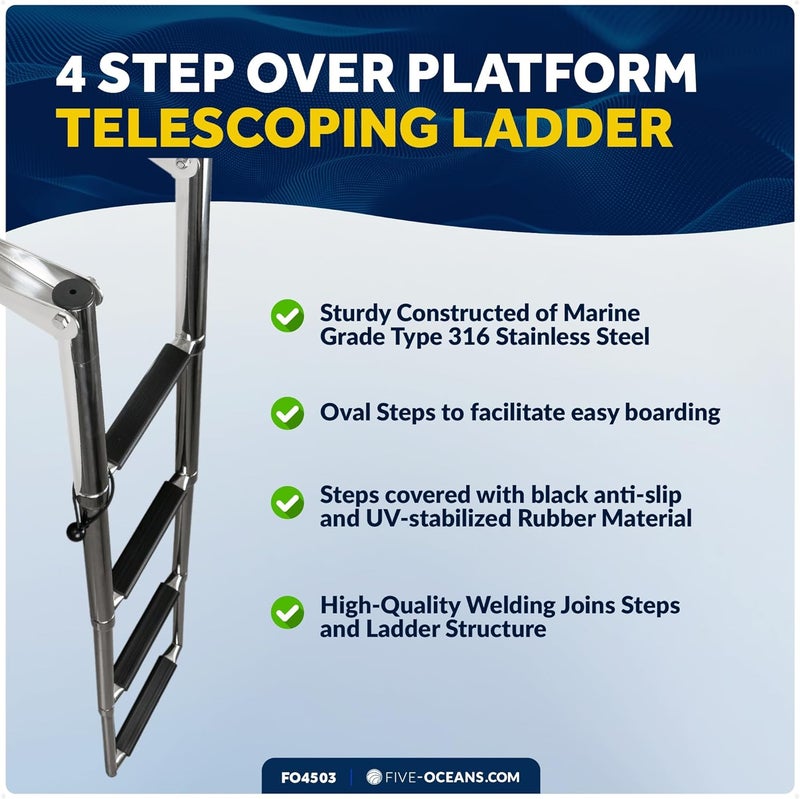 Five Oceans 4 Step Telescoping Boat Ladder - Over Platform, Stainless Steel for Pontoon, Fishing, Bass, Sport, Sailboat - FO4503 - Image 2