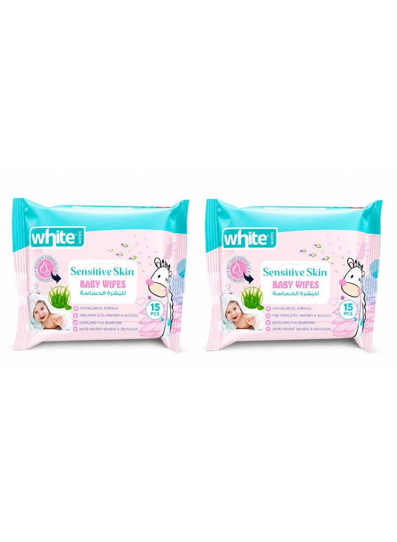 White Baby Wipes for Sensitive Skin, 15 wipes x 2 packs, 30 wipes total - Image 1