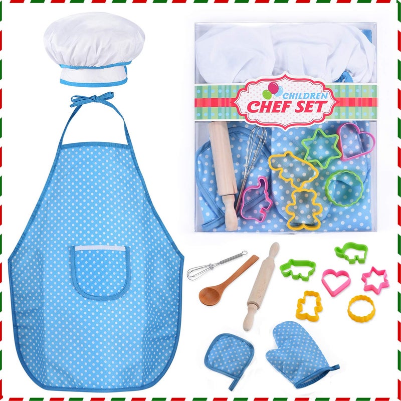 HmiL-U Chef Set for Kids - 13 Pcs Kids Cooking and Baking Set Includes Kids Apron  Chef Hat  Utensils  Cooking Mitt for Kids Chef Role Play Set   Gift for 3 Year Old Girls and up(Blue) - Image 1