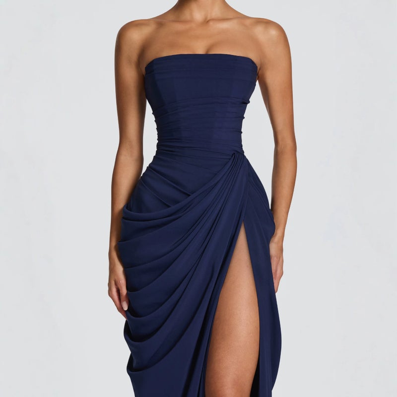 Women's Off-Shoulder Solid Color Slit Evening Dress - Image 3