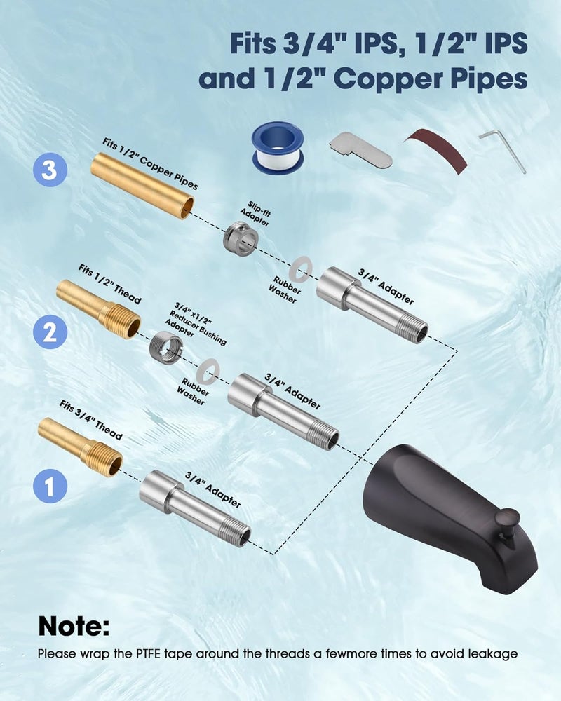 OrgCreator All Metal Bathtub Spout with Diverter, 5.3 Inch Tub Spout, Fits 1/2" Copper Slip-On and 1/2" or 3/4" IPS Threaded Pipes, Easy Lift to Switch, Leak-Free, Easy DIY Installation, Oil Rubbed Bronze - Image 2