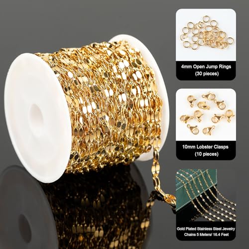 UMAOKANG 16.4 Feet Gold Plated Chain for Jewelry Making Stainless Steel Jewelry Making Chains Bulk Lip Chain Roll with Jump Rings and Lobster Clasps - Image 2