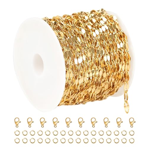 UMAOKANG 16.4 Feet Gold Plated Chain for Jewelry Making Stainless Steel Jewelry Making Chains Bulk Lip Chain Roll with Jump Rings and Lobster Clasps - Image 1