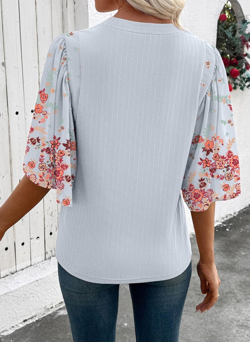EVALESS 3/4 Length Sleeve Womens Tops Dressy Casual Blouses Cute Bell Sleeve Tops Floral Print Crewneck Patchwork Shirts 2026 Trendy Spring Summer Outfits Beach Vacation Clothes Tawny Small - Image 4