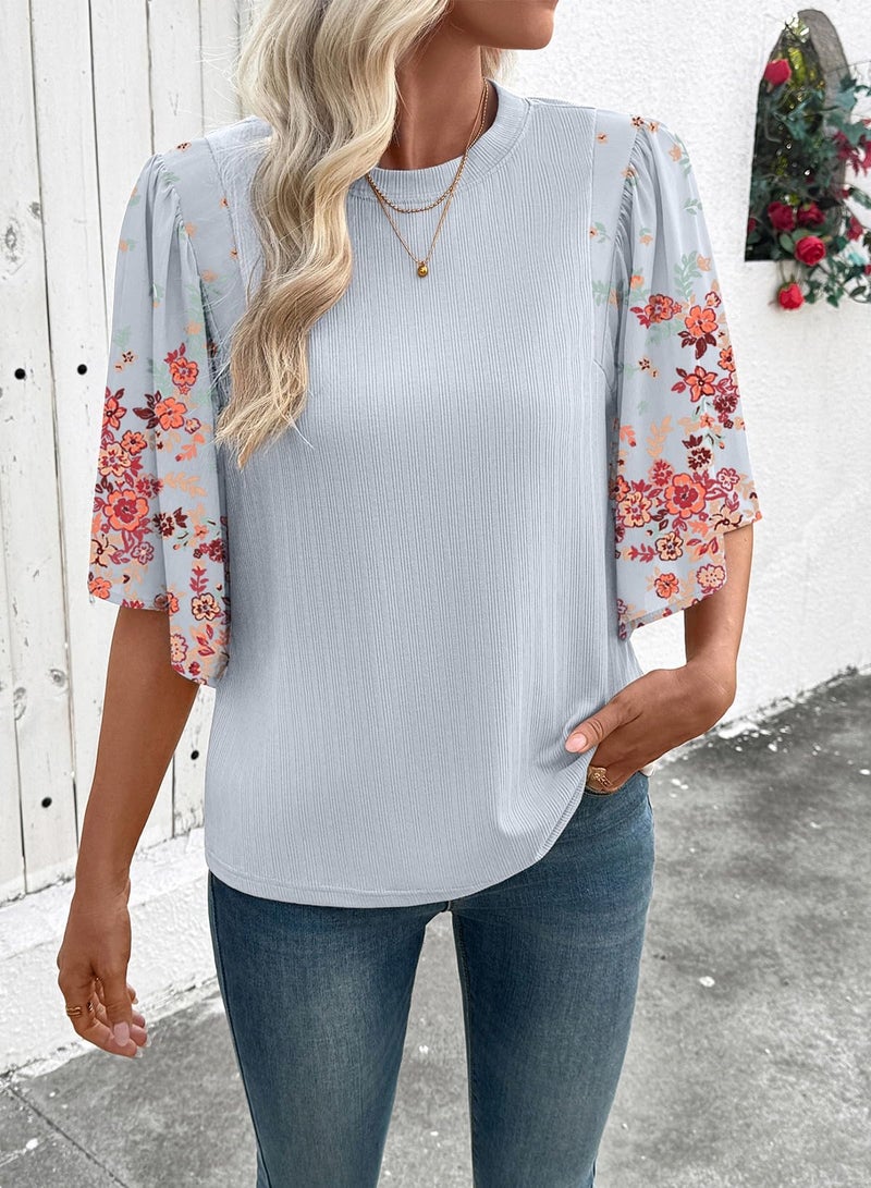 EVALESS 3/4 Length Sleeve Womens Tops Dressy Casual Blouses Cute Bell Sleeve Tops Floral Print Crewneck Patchwork Shirts 2026 Trendy Spring Summer Outfits Beach Vacation Clothes Tawny Small - Image 3
