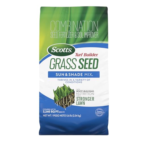 Scotts Turf Builder Grass Seed Sun & Shade Mix with Fertilizer and Soil Improver, Thrives in Many Conditions, 5.6 lbs. - Image 1
