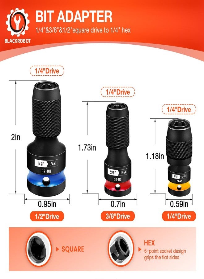 BLACKROBOT 3PCS Quick Release Impact Bit Holders 1/2 3/8 1/4-Inch Square Drive to 1/4-Inch Hex Socket Adapter, CR-MO Steel, Impact Wrench Ratchet Use - Image 2