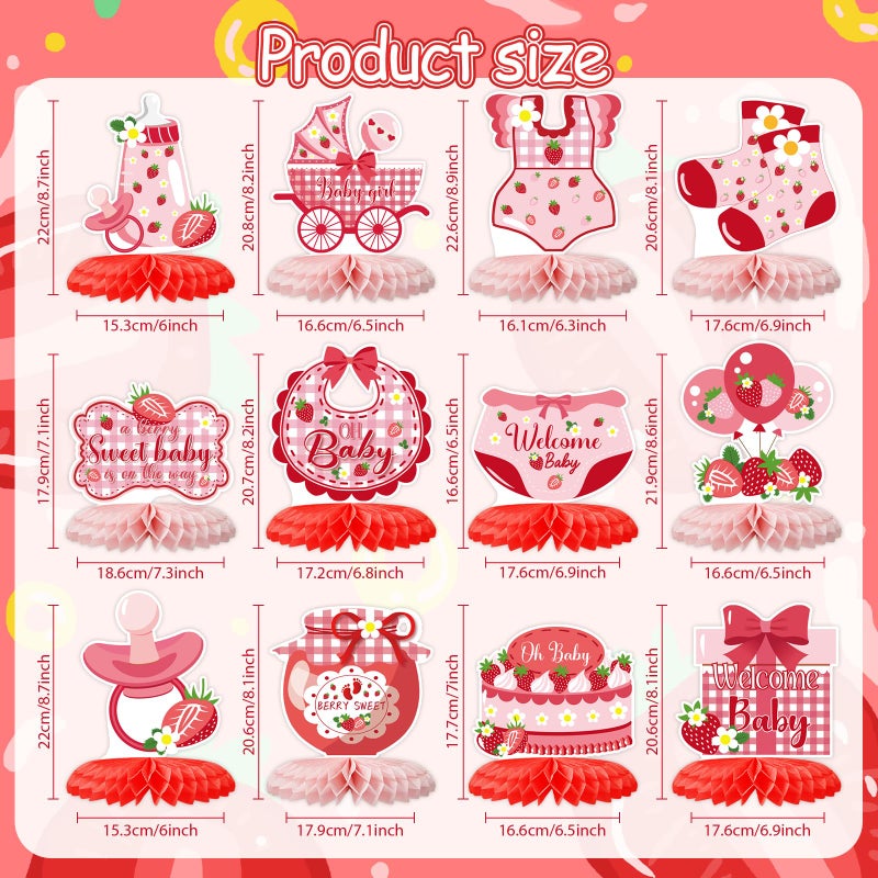 ZCPTZ Strawberry Baby Shower Decorations,12 PCS Berry Sweet Baby Shower Honeycomb Centerpiece,Strawberry Theme Birthday Party Table Topper Decor for Party Supplies - Image 2