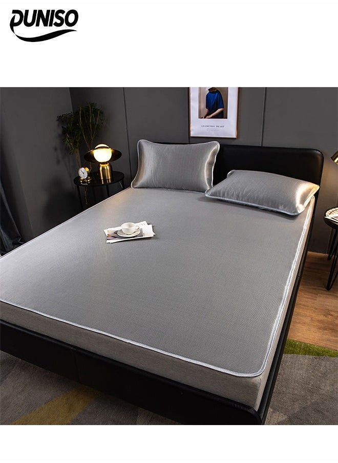 DUNISO 3-piece Cooling Bedding Set with 2 Pillowcases:Ice Silk Sheets & Latex Mattress Pad for Hot Climate,Breathable Sheets,Summer Night Sweat Relief,150*200cm,Light Grey  - Image 1