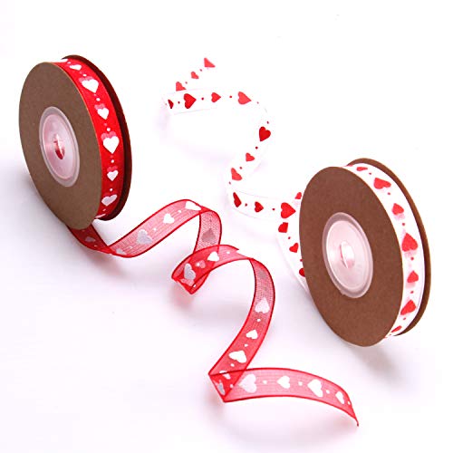Mayam Valentine's Day & Wedding Heart Ribbons, 2 Rolls (Red & White), Dacron Fabric, Polyester, 10m/10.94yds x 1cm/0.39in - Image 2