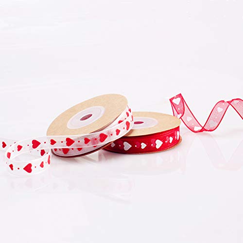 Mayam Valentine's Day & Wedding Heart Ribbons, 2 Rolls (Red & White), Dacron Fabric, Polyester, 10m/10.94yds x 1cm/0.39in - Image 4
