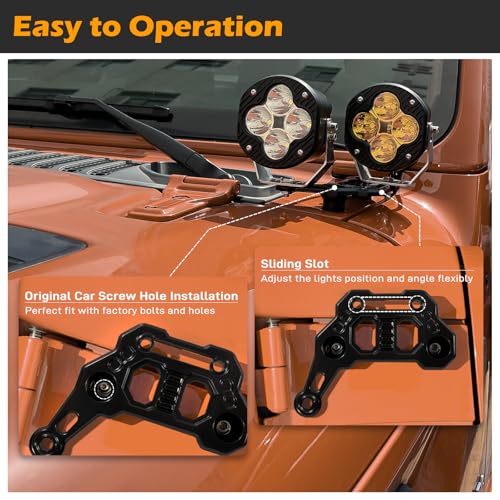 KANGIKX Dual Light Hood Mounting Bracket - Compatible with 2018-2025 Jeep Wrangler JL JLU 4xe Gladiator JT Accessories, Ditch Light Cowl Mounts Front A-Pillar Offroad Pod Lights LED Light Bar Mount Brackets - Image 3