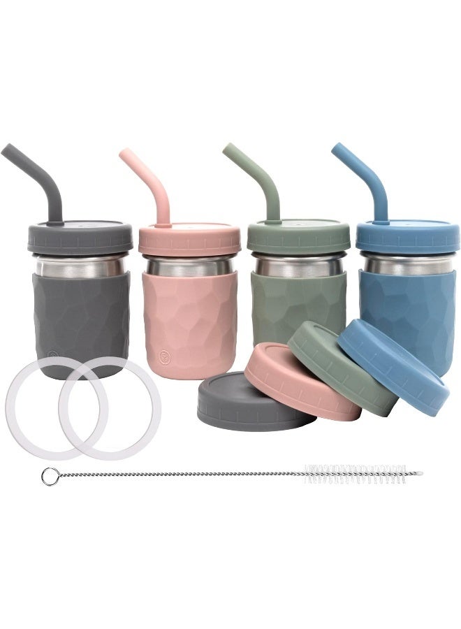 WeeSprout أكواب شرب WeeSprout 2 في 1 للأطفال، كوب تامبلر من الفولاذ المقاوم للصدأ، مثالي للعصائر، مع مصاصات سيليكون مع سدادات، وأغطية بلاستيكية مميزة، وأكمام سهلة الإمساك، مجموعة من 4 أكواب آمنة في غسالة الصحون للأطفال - Image 1