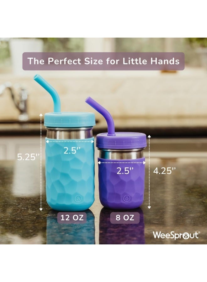 WeeSprout أكواب شرب WeeSprout 2 في 1 للأطفال، كوب تامبلر من الفولاذ المقاوم للصدأ، مثالي للعصائر، مع مصاصات سيليكون مع سدادات، وأغطية بلاستيكية مميزة، وأكمام سهلة الإمساك، مجموعة من 4 أكواب آمنة في غسالة الصحون للأطفال - Image 4