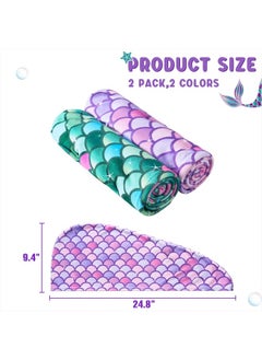 WAWSAM 2 Pack Kids Hair Drying Towels Girls Unicorn Wet Hair Towel Quick Dry Twisty Hair Towels (Green + Purple Mermaid)  - Image 3
