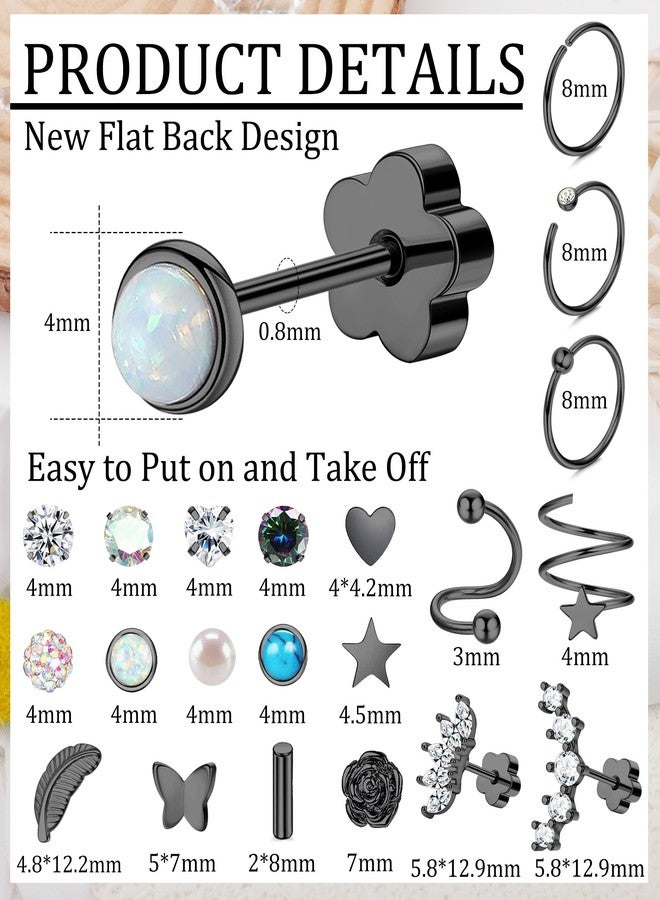 Staligue 21 Pairs Surgical Steel Flat Back Earrings Set for Women Men Hypoallergenic 20G Stainless Steel Stud and Hoops Earrings for Sensitive Ears Small Cz Heart Star Moon Opal Cartilage Earrings - Image 2