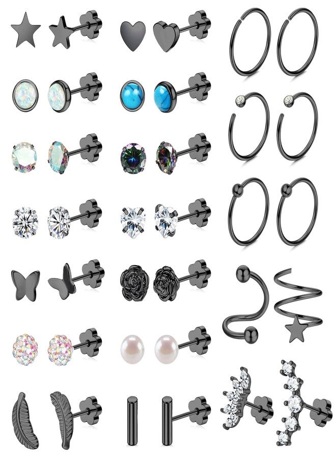 Staligue 21 Pairs Surgical Steel Flat Back Earrings Set for Women Men Hypoallergenic 20G Stainless Steel Stud and Hoops Earrings for Sensitive Ears Small Cz Heart Star Moon Opal Cartilage Earrings - Image 1