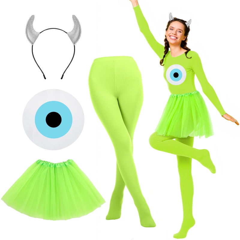 Tellingyou 4 Pcs Halloween Bright Green Large Single Eye Monsters Costume Accessories Set Including Devil Horn Headband Stocking Pantyhose Green Tutu Skirt Eye Transfer Sticker for Women Halloween Cosplay Party - Image 2