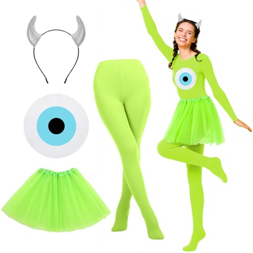 Tellingyou 4 Pcs Halloween Bright Green Large Single Eye Monsters Costume Accessories Set Including Devil Horn Headband Stocking Pantyhose Green Tutu Skirt Eye Transfer Sticker for Women Halloween Cosplay Party - Image 1