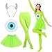 Tellingyou 4 Pcs Halloween Bright Green Large Single Eye Monsters Costume Accessories Set Including Devil Horn Headband Stocking Pantyhose Green Tutu Skirt Eye Transfer Sticker for Women Halloween Cosplay Party - Image 3