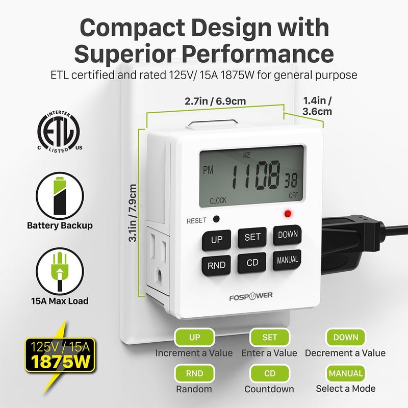 FosPower 7 Day Digital Timers for Electrical Outlets Indoor, Heavy Duty Dual Programmable Outlet Light Timer Switch, Electric Power Wall Timer for Grow Light, Appliance, Lamp, 3 Prong, Grounded - Image 2