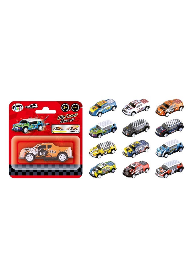 Power Joy Vroom Vroom Diecast Graphic Racer Pull Back Car 1/64, Assorted 1 Piece (Style & Color May Vary) Each Sold Separately - Image 1