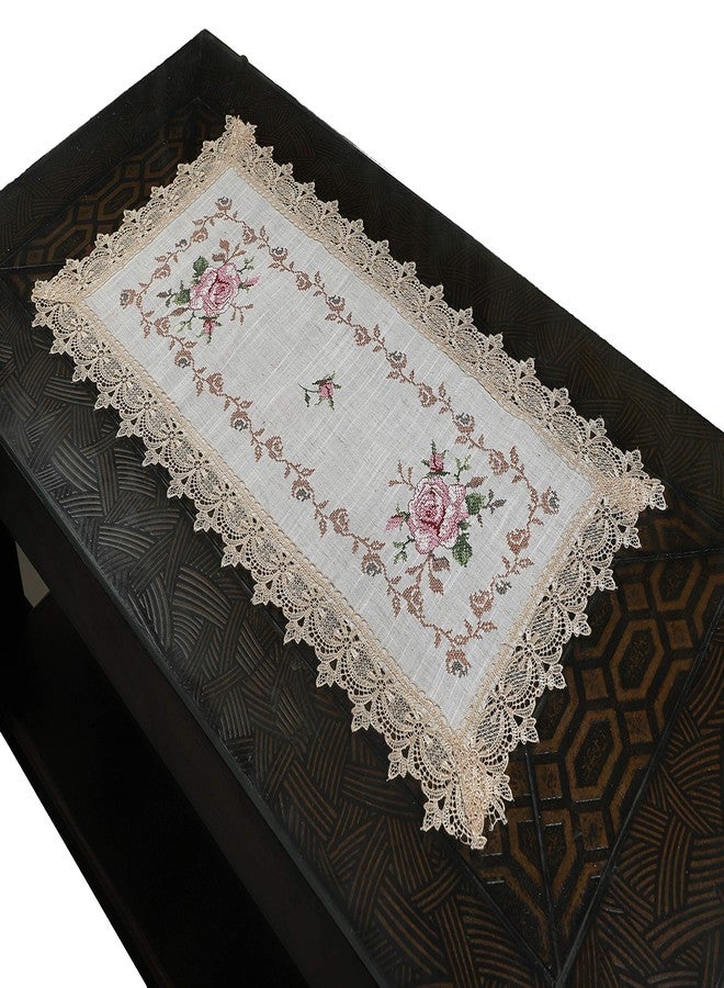 MONKDECOR (O.F) Cut Work Cross-Stitch Embroidery Centre Table Runner (Size-16x33 Inches)- Gold & Pink Color - Image 1