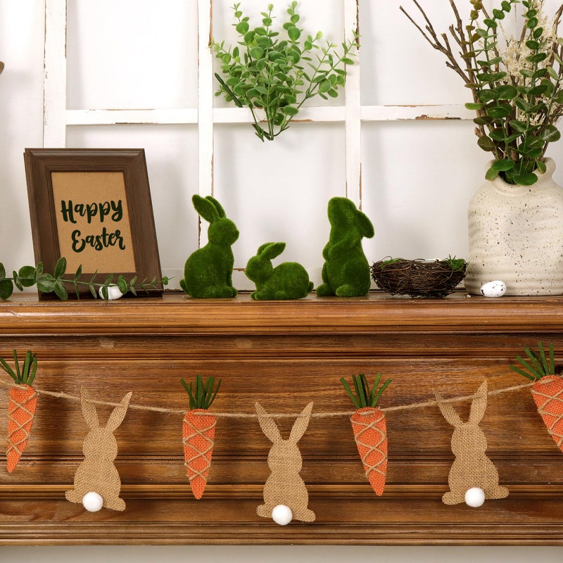 Pawliss Easter Decorations Bunny Decor: Moss Flocked Bunny Figurines Set of 3, Resin Green Furry Easter Bunny Statue for Spring Easter Home Office Table Decor, Party Supplies Gifts - Image 3