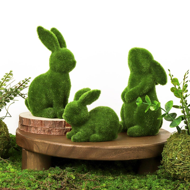 Pawliss Easter Decorations Bunny Decor: Moss Flocked Bunny Figurines Set of 3, Resin Green Furry Easter Bunny Statue for Spring Easter Home Office Table Decor, Party Supplies Gifts - Image 1