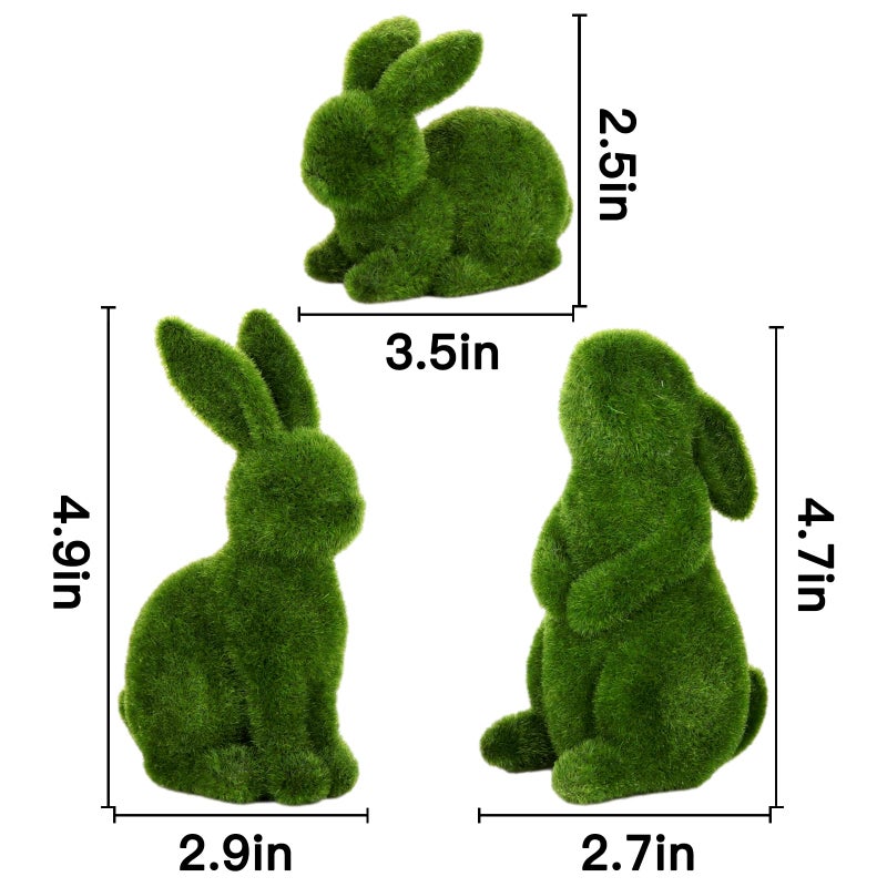 Pawliss Easter Decorations Bunny Decor: Moss Flocked Bunny Figurines Set of 3, Resin Green Furry Easter Bunny Statue for Spring Easter Home Office Table Decor, Party Supplies Gifts - Image 2