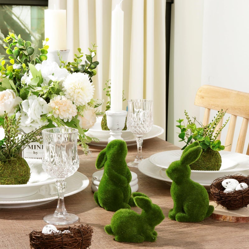 Pawliss Easter Decorations Bunny Decor: Moss Flocked Bunny Figurines Set of 3, Resin Green Furry Easter Bunny Statue for Spring Easter Home Office Table Decor, Party Supplies Gifts - Image 5