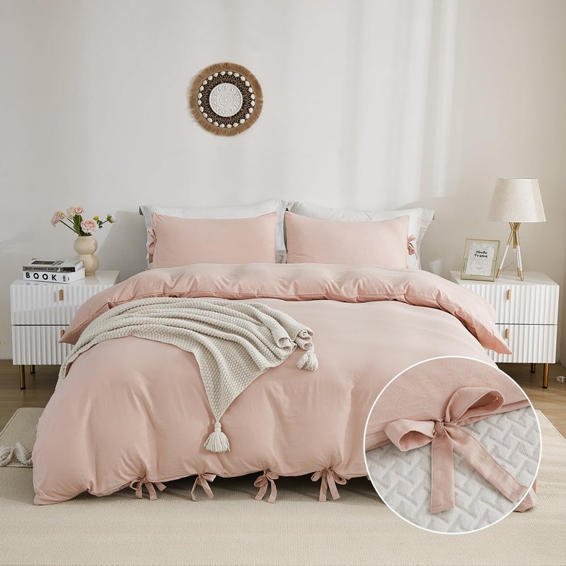 annadaif Pink Duvet Cover Full 79x90 Inch 3 Pieces 2 Pillowcases 1 Duvet Cover Ultra Soft Bowknot Duvet Cover Set Easy Care Bedding Set for Men Women NO Comforter