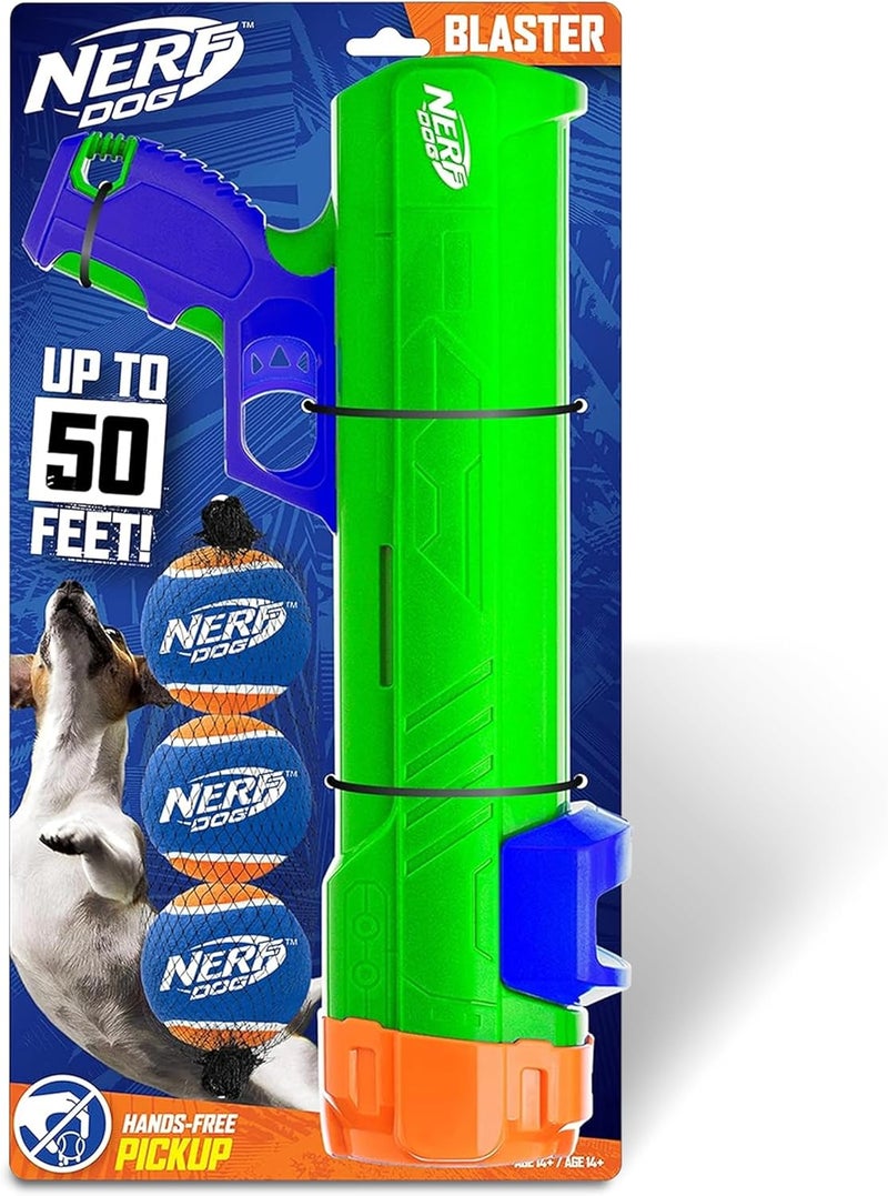 NERF DOG Tennis Ball Blaster Dog Toy Gift Set, Tennis Ball Dog Fetch Toy Launches up to 50 ft, Dog Ball Thrower for All Breeds Includes Green Tennis Ball Launcher and 3 Dog Tennis Balls - Image 1