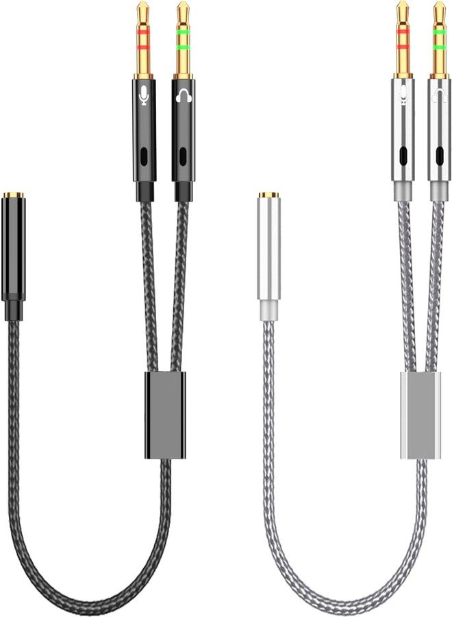 Warmstor 2-Pack Headphone Splitter for Computer 3.5mm Female to 2 Dual 3.5mm Male Headphone Mic Audio Adapter Y Splitter Cable Nylon Braided Cord Smartphone Headset to PC Adapter (Black,Silver) - Image 1