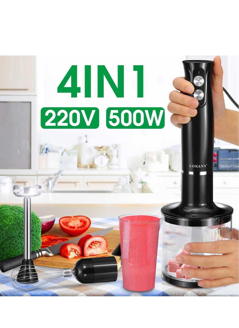 sokany - Immersion Hand Blender with Two Speed Adjustable 500 Watt 4-in-1 Titanium Steel Blades Ergonomic handle with Chopper, Whisk, 500ml Mixing Beaker, Detachable Electric Stick Blender Set - Image 1