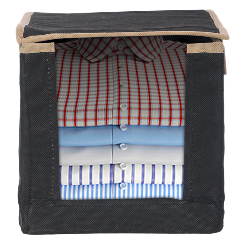 Kuber Industries Kuber Industries NonWoven Foldable Shirt StackerWardrobe Organizer For Shirts Sarees Lehengas With Handle Lid Pack of 6 Black - Image 2