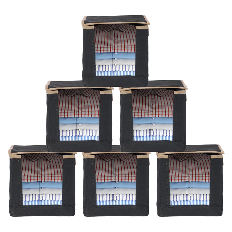 Kuber Industries Kuber Industries NonWoven Foldable Shirt StackerWardrobe Organizer For Shirts Sarees Lehengas With Handle Lid Pack of 6 Black - Image 1