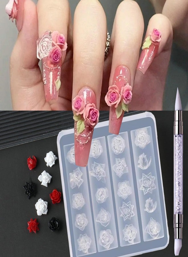 HYWWPFLAY Flower Silicone Nail Molds, 1PCS Rose Flowers Nail Charm Mold with Carving Pen, Resin Modeling Templates, 3d Gel Nail Art Sculpture Decoration for Women DIY Manicure Supplies - Image 1