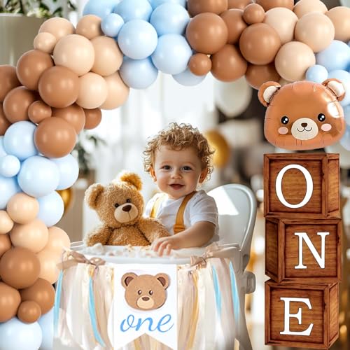 Hombae Beary First Birthday Decoration for Boys – Blue & Brown Balloon Garland, Photo Banner, Beary First Backdrop, Cute Bear Foil Balloons, Highchair Banner, 116 Pcs Teddy Bear 1st Birthday Decor - Image 2