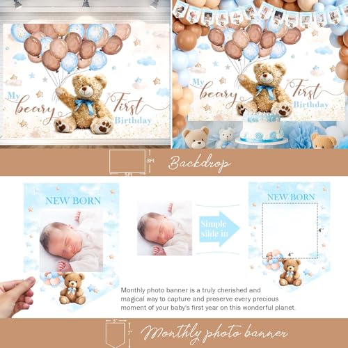 Hombae Beary First Birthday Decoration for Boys – Blue & Brown Balloon Garland, Photo Banner, Beary First Backdrop, Cute Bear Foil Balloons, Highchair Banner, 116 Pcs Teddy Bear 1st Birthday Decor - Image 4