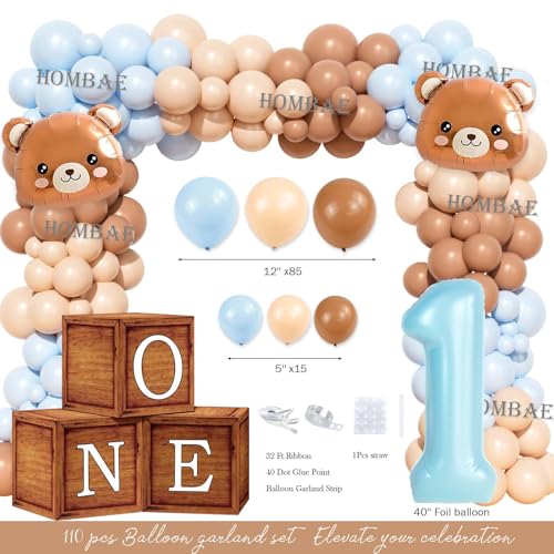 Hombae Beary First Birthday Decoration for Boys – Blue & Brown Balloon Garland, Photo Banner, Beary First Backdrop, Cute Bear Foil Balloons, Highchair Banner, 116 Pcs Teddy Bear 1st Birthday Decor - Image 3