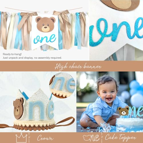 Hombae Beary First Birthday Decoration for Boys – Blue & Brown Balloon Garland, Photo Banner, Beary First Backdrop, Cute Bear Foil Balloons, Highchair Banner, 116 Pcs Teddy Bear 1st Birthday Decor - Image 5