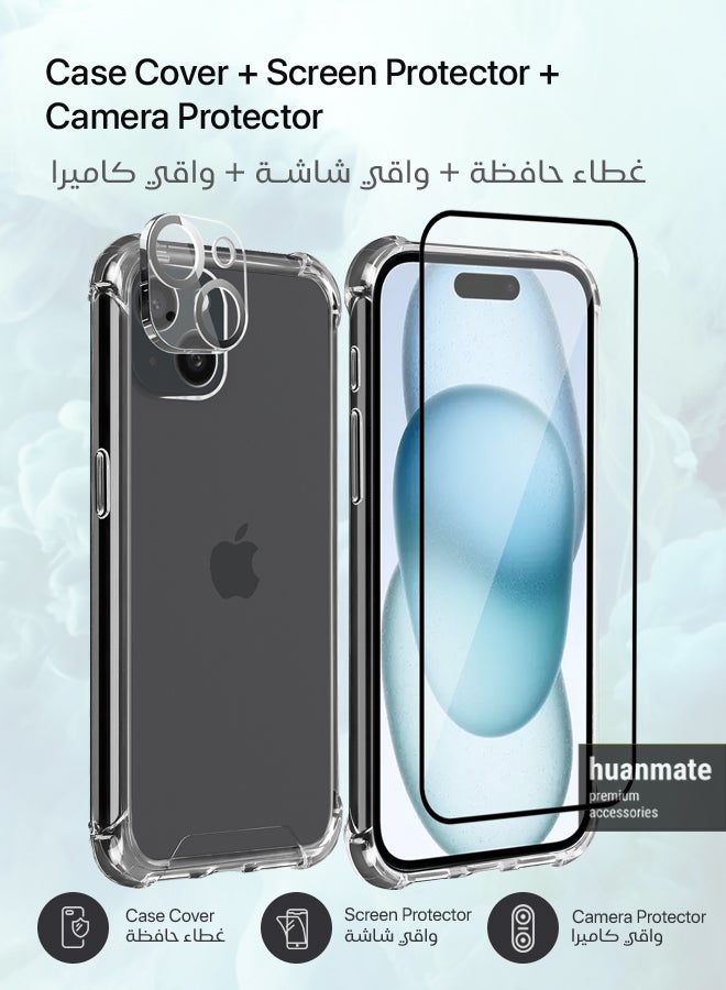 huanmate 3 in 1 Protection Pack of Back Cover Edge To Edge Screen Protector And Camera Protector For Apple iPhone 15 Black/Clear  - Image 2